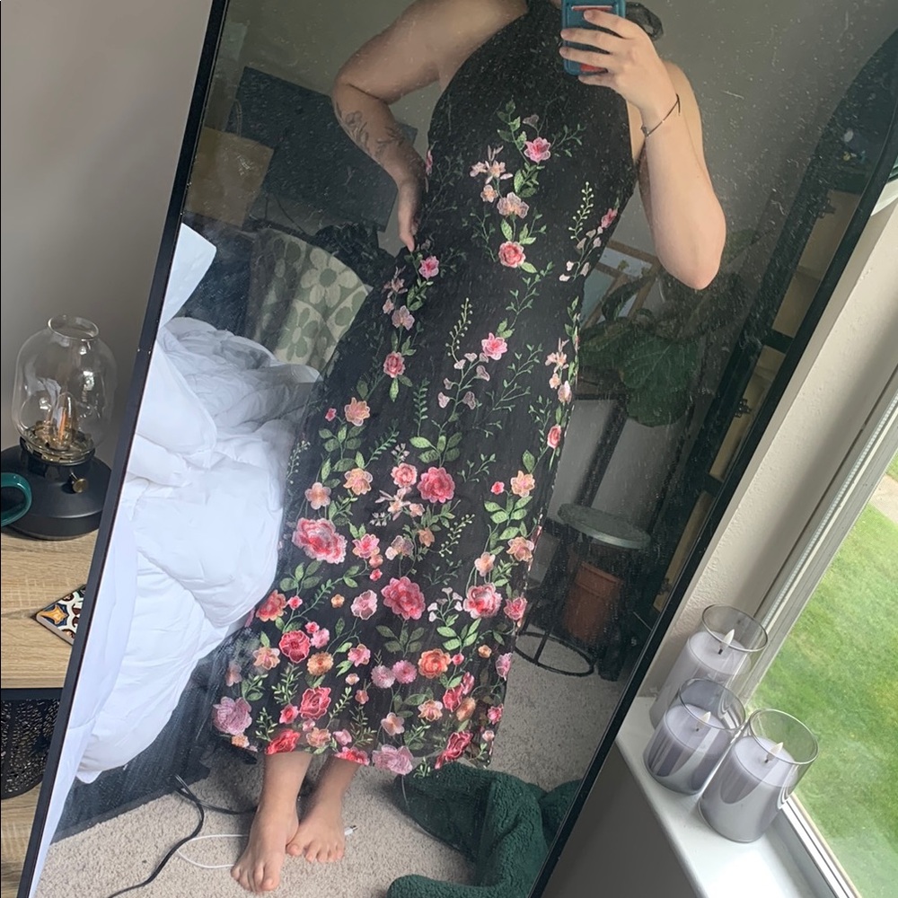 Floral Halter Neck Dress - Black and Pink